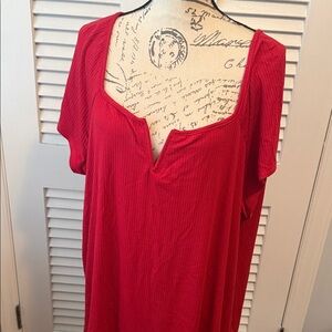 BloomChic Red Ribbed Short-Sleeve Notch Neck Top